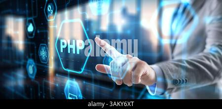 Hypertext Preprocessor PHP Programming. Interpreted programming language. Stock Photo