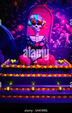 Day of the Dead Altar with Skeleton and Marigolds Eye Level Perspective Stock Photo