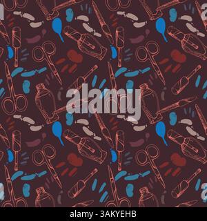 Manicure pedicure cuticle polish varnish lacquer color splashes, nail file emery board, scissors. Seamless pattern tile, vector sketch hand drawn in Stock Vector