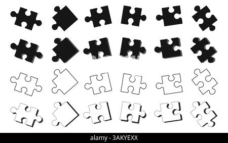 Puzzles pieces isolated. Black and white 3d puzzle pieces with shadows. Puzzles elements. Teamwork and idea generation concept. Stock Vector