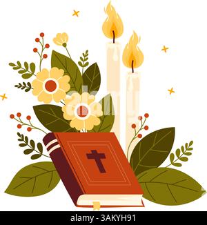 Religion and Faith. Holy Scriptures, Book Bible with burning candles, flowers and leaves. Vector Illustration for religious holidays. Universal symbol Stock Vector