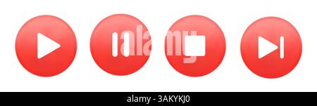 Set of red glossy media control buttons with white icons for play, pause, stop, and next in modern 3D style, featuring rounded shapes, soft shadows Stock Vector