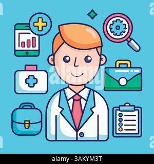 Cartoon-style vector of a cheerful male doctor in a white coat and red tie, surrounded by medical icons such as a clipboard, medical kit, and healthca Stock Vector