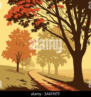 Scenic autumn landscape with trees and a path under golden light, evoking tranquility and seasonal beauty. Stock Vector