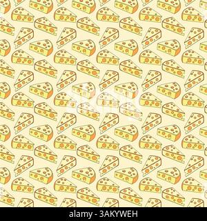 Cheerful repeating pattern of yellow Swiss cheese slices and small chunks on a white background. This colorful design is perfect for food themes Stock Vector
