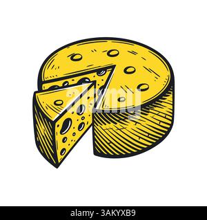 Illustration of a yellow cheese wheel with a slice removed, showcasing its detailed holes and texture, isolated on a white backdrop—ideal for culinary Stock Vector