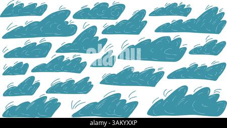 Crayon clouds set. Naive hand drawn sky pack. Kids chalk textured elements. Pastel scribble cloudy weather speech bubbles. Vector pencil drawn collect Stock Vector