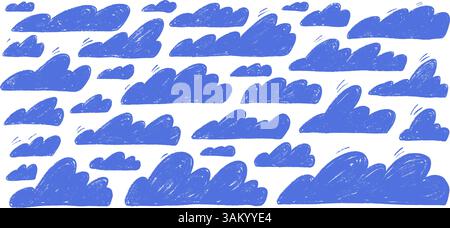 Set of pencil clouds. Pack of naive hand drawn skies elements. Baby chalk textural symbols. Pastel doodles cloudy weather speech bubbles. Vector illus Stock Vector