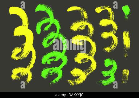Highlights brush stroke paint squiggles lines. Hand drawn bright confetti. Linear neon dye scribble elements set isolated on dark background. Vector d Stock Vector