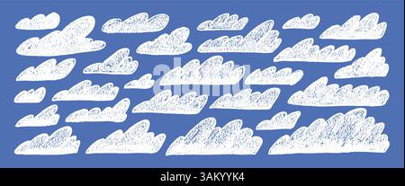 Crayon clouds set. Naive hand drawn sky pack. Kids chalk textured elements. Pastel scribble cloudy weather speech bubbles. Vector charcoal or wax penc Stock Vector