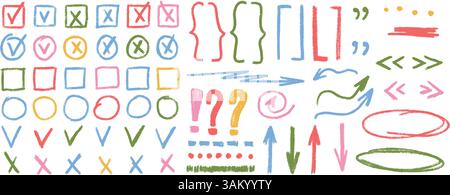 Check marks, arrow doodle set. Crayon underlines, quotation marks, brackets and signs. Scribble pencil emphasis note highlights. Vector hand drawn col Stock Vector