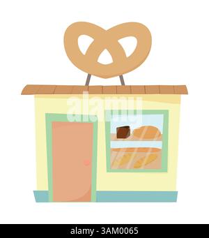 Bakery shop building, store bun and cafe. Cafe for production of bakery products. Freshly baked bread. Vector illustration. Stock Vector
