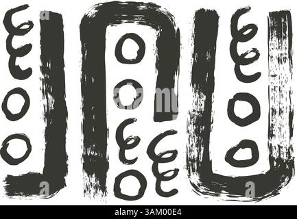 Grunge elements with brush stroke texture. Hand drawn black ink graffiti geometric urban street style maze shapes on white background. Circle, squiggl Stock Vector