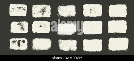Set of acrylic grunge text boxes. Callout rectangles frame collection. Linocut rolled paint white tags. Handmade vector stamp with smudged texture. Ro Stock Vector