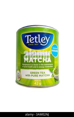 Container Of Twenty Tea Bags Of Tetley Super Green Tea Matcha Tea, Cut Out On A White Background Stock Photo