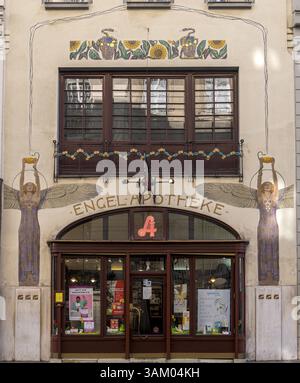 The art nouveau facade of the  "White Angel Pharmacy," or Apotheke zum Weißen Engel, 1901, Vienna, Austria Stock Photo