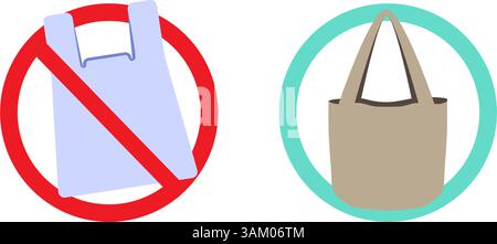 Illustration of forbidden plastic bag and approved reusable cotton bag sustainability concept. Environment and eco friendly lifestyle icons Stock Vector