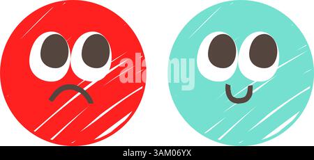 Set of green and red color emoticons isolated on a white background vector illustration. Emoji collection of happy and sad face expressions Stock Vector