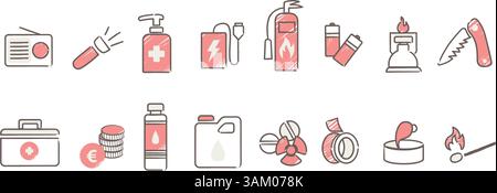 Set of survival kit icons including essentials like first aid, flashlight, water, and tools. Design elements for emergency preparation, outdoor advent Stock Vector