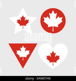 Canada Flag icon. Official vector Canadian flag icons set in the shape of heart, star and circle Stock Vector