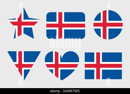 Iceland Flag icon. Official vector Icelandic flag icons set in the shape of heart, star, circle and map Stock Vector