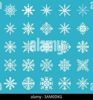 Big set of blue snowflakes of different geometric shapes Stock Vector