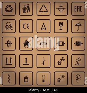 Packaging signs set, cargo icons, package symbols on cardboard Stock Vector