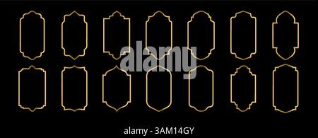 Gold islamic window shape. Gold islamic window shape. Frames design.  Arabic golden arch, kareem frames. Vector mosque gate. Stock Vector