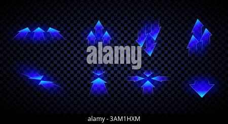 Blue transparent glowing arrows pack. 3D neon arrow pointers. Gaming and infographic design element. Stock Vector