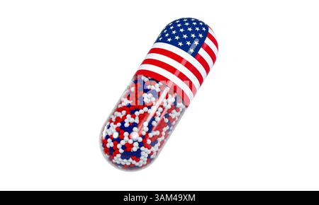 Capsule printed with the American flag, concept of drugs made in the USA - 3D rendering Stock Photo