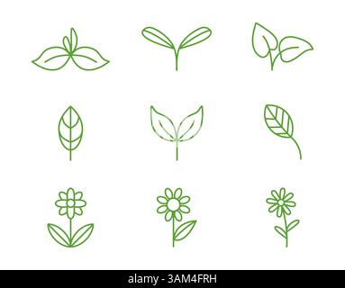 A set of icons with plants, foliage, flowers, natural linear symbols, logos dedicated to caring for nature. Highlighting environmental issues of nature, caring for plants, landscaping. Stock Vector