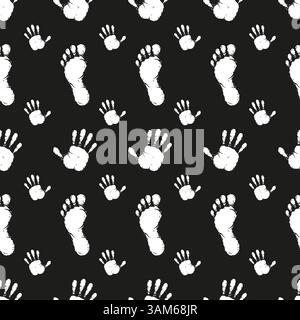 Pattern black prints of palms and feet on a black background Stock Vector
