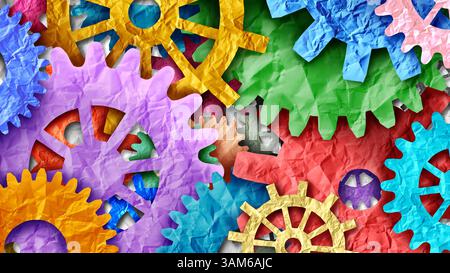 Teamwork in Motion and Working Together as a business success symbol for an interconnected system as diverse gears and cogs connected in unity as an i Stock Photo
