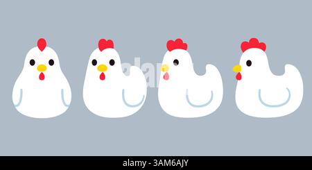 Cute cartoon white hen set. Front view, side view. Video game chicken sprite, turnaround animation. Simple kawaii style vector clip art illustration. Stock Vector