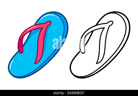 Cartoon flip flop slipper. Color image and black and white line icon. Vector clipart illustration. Stock Vector