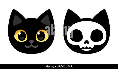 Cartoon black cat head with skull, cute Schrodinger's cat illustration, half dead and alive. Funny Halloween clip art design. Stock Vector