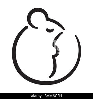 Cute and simple calligraphy drawing of a mouse or rat, hand drawn with ink brush. Stylized minimal Japanese style circle logo. Isolated vector illustr Stock Vector
