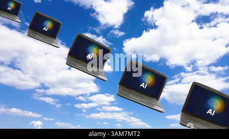 AI Laptops flying along the  sky, concept cloudcomputing Stock Photo
