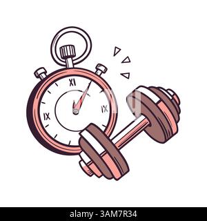 Cartoon illustration of stopwatch and dumbbell, symbolizing the intersection of workout routine and time management for a healthy lifestyle. Stock Vector