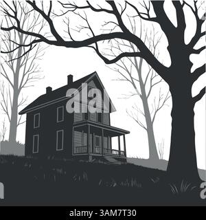A silhouette of a house framed by leafless trees exudes a moody and mysterious atmosphere with an eerie aesthetic. Stock Vector