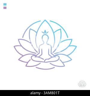 Logo gradient line art illustration of woman meditation pose surrounded by a lotus flower. Represents tranquility, spirituality, inner peace Stock Vector