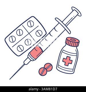 Hand-drawn illustration of medical supplies including a syringe, medication tablets, and pills, emphasizing healthcare and treatment concept. Stock Vector