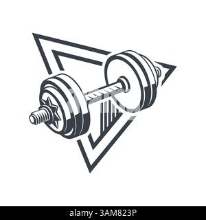 A bold vector logo icon illustration featuring a dumbbell over a triangular geometric shape, emphasizing the fitness concept, strength, and determination. Stock Vector