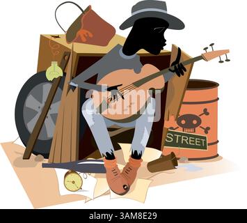 Hungry and chilled homeless plays guitar. Sad African beggar with guitar sits on the disposal dump and sings Stock Vector