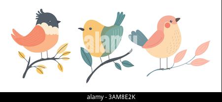 Illustrated birds perched on leafy branches in bright hues, great for forest wildlife themes, spring greeting cards, or friendly garden decor art Stock Vector
