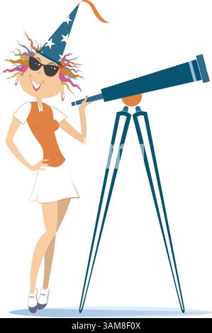 Astronomy scientist or stargazer woman. Astronomy scientist or stargazer woman looking through a telescope. Fantasy wizard in tall hat. Isolated Stock Vector