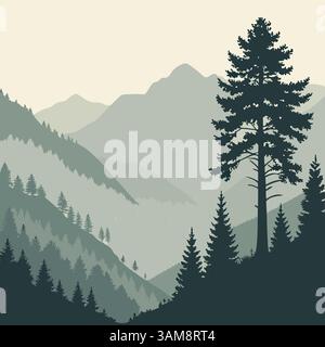 Landscape background Vector illustration of mountain with forested hills, and pine tree vector silhouette, Mountains outdoor landscape. Stock Vector