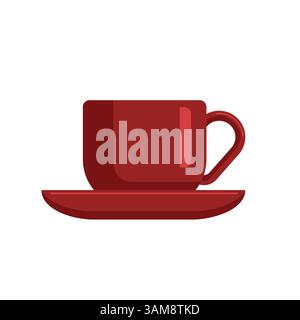 Red cup of coffee or tea standing in the center of a red saucer. Vector illustration. Flat style. Suitable for cafe design, posters, banners, cards, k Stock Vector