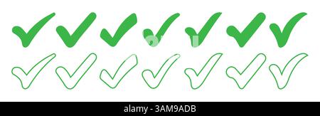Green checkmarks. Green checkmarks for approval, verification, success. Vector element set.  checkmarks, for use in graphic design Stock Vector