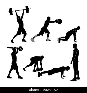 Collection of different exercise silhouettes with resistance bands, foam rollers, and push-up bars. Easy editable, layered vector illustration. Stock Vector